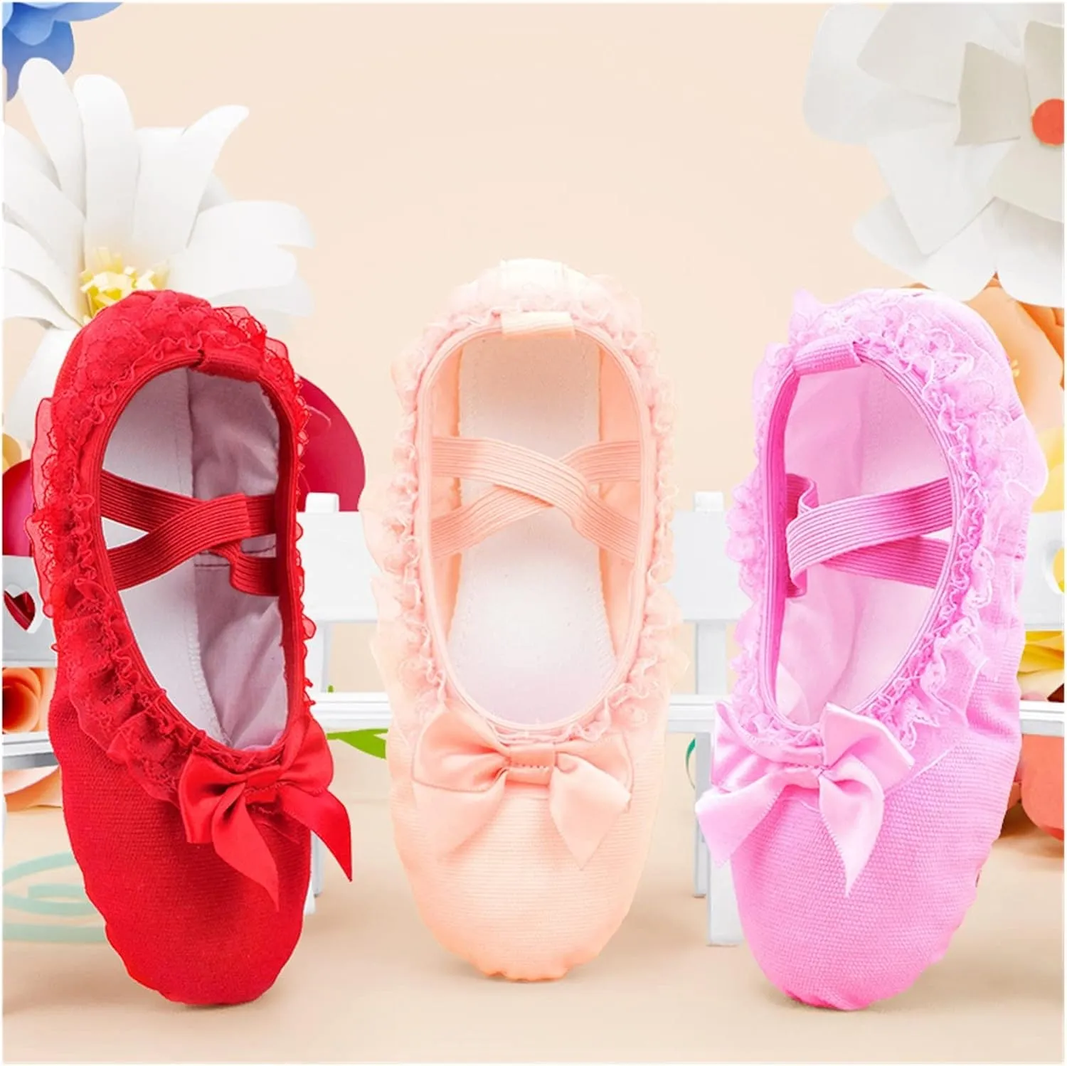 Ballet Shoes Girls Ballet Slippers Lace Ballet Dance Shoes Lace Bow-Knot Canvas Soft Sole Ballet Shoes Ballet Slippers Dance Slippers for Girls Toddlers Women.Beige-26 EU