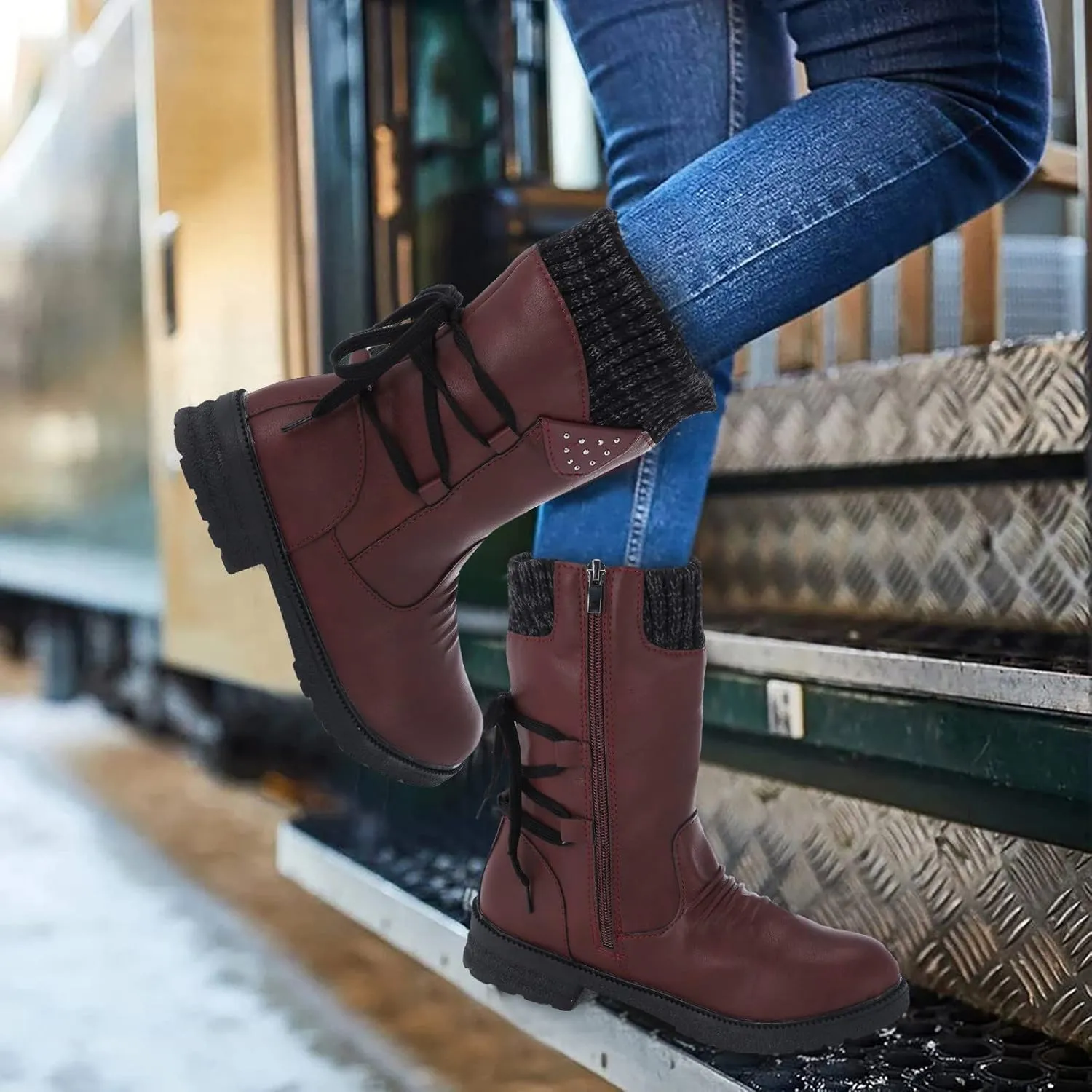 Black Winter Boots for Women Tall Womens Winter Boots Slip on Mid Calf Boots Women Winter Waterproof Womens Waterproof Warm Walking Boots Womens Hiking Boots Waterproof Cute
