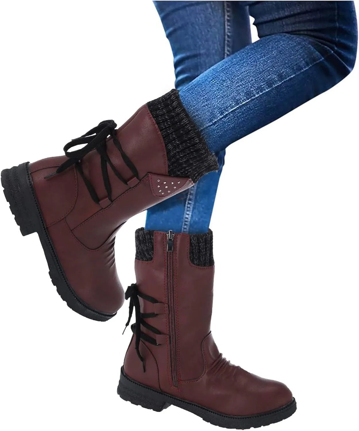 Black Winter Boots for Women Tall Womens Winter Boots Slip on Mid Calf Boots Women Winter Waterproof Womens Waterproof Warm Walking Boots Womens Hiking Boots Waterproof Cute