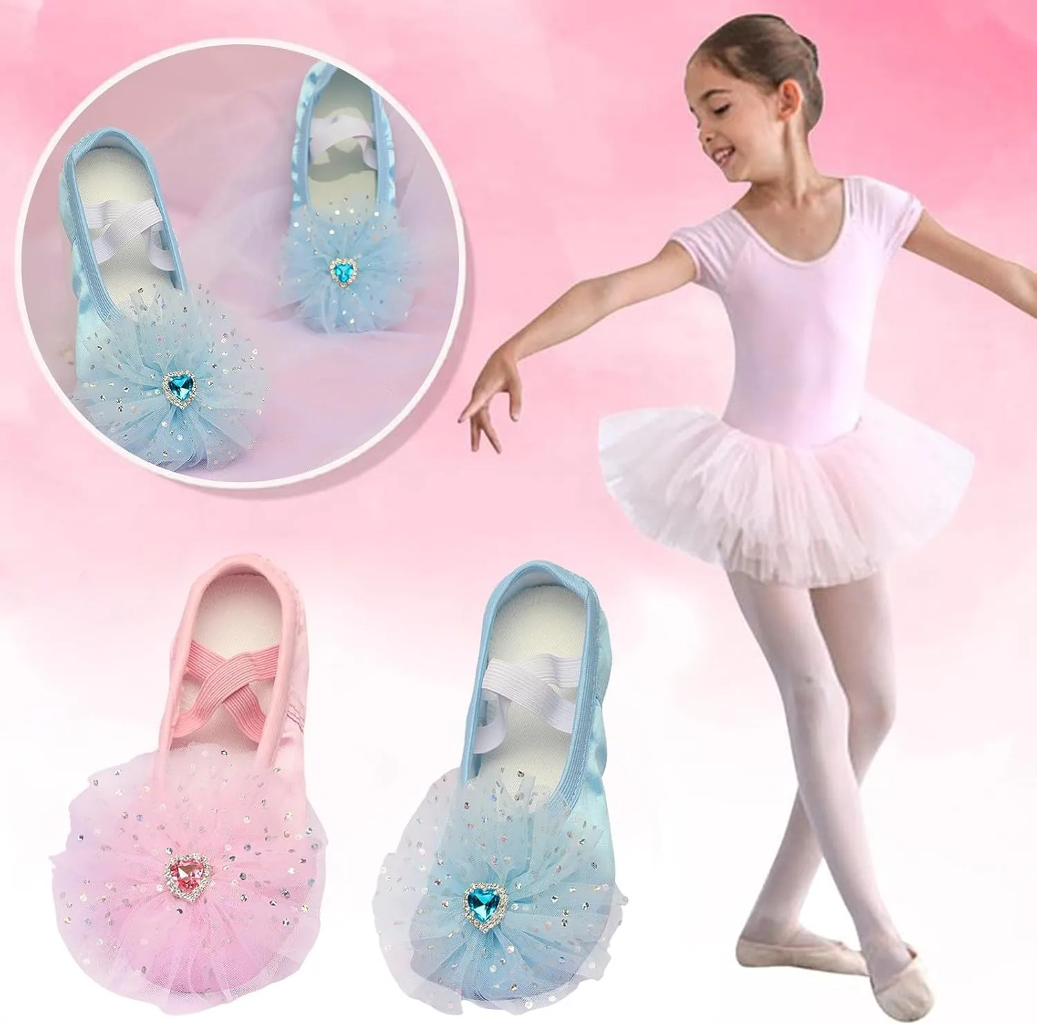 Girls Ballet Shoes Elegant Rhinestone Sequins Lace Dance Slippers Toddler Kids Indoor Yoga Dancing Performance Shoes