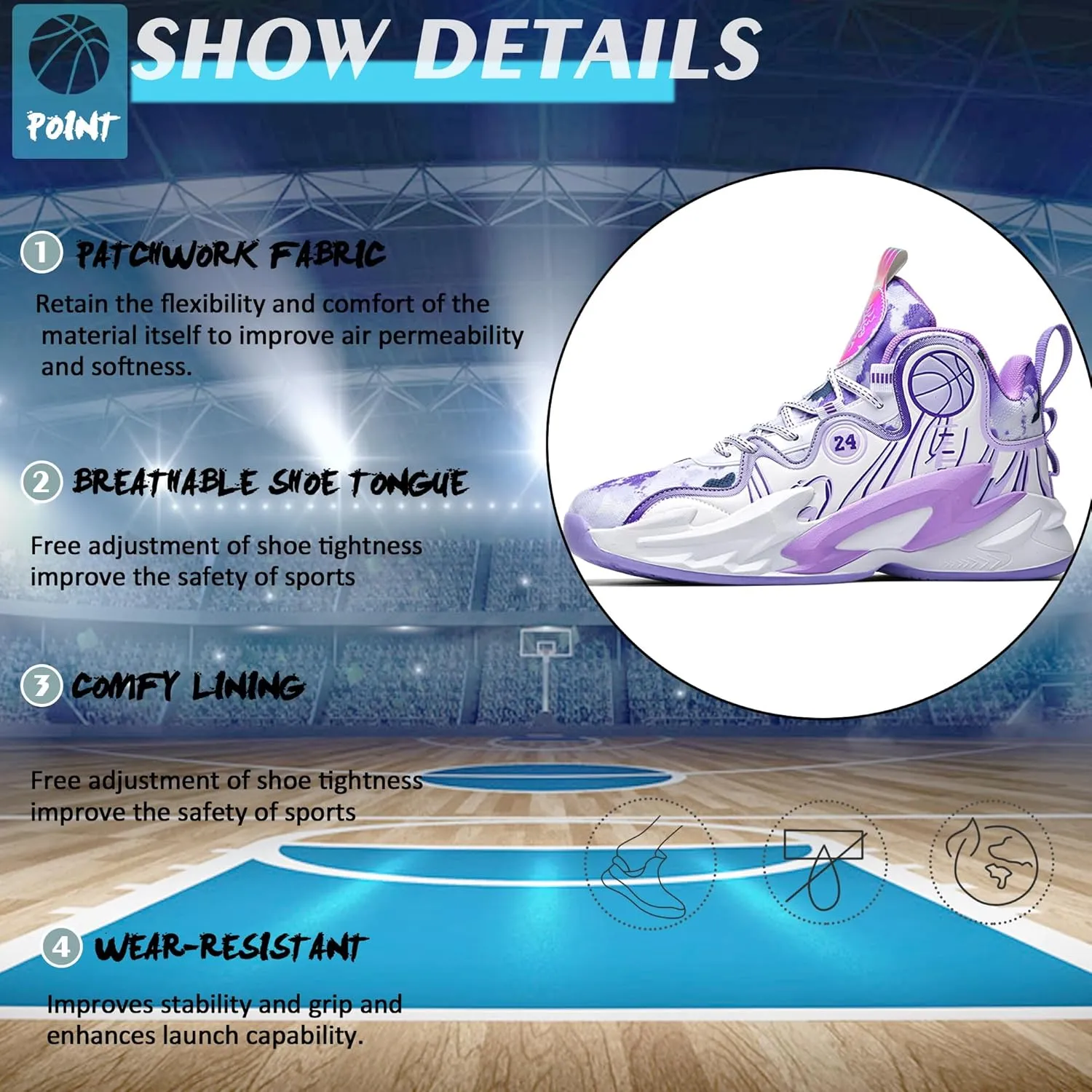 Men Basketball Shose Breathable Fashion Sneakers Non Slip Sport Shoes White&Purple