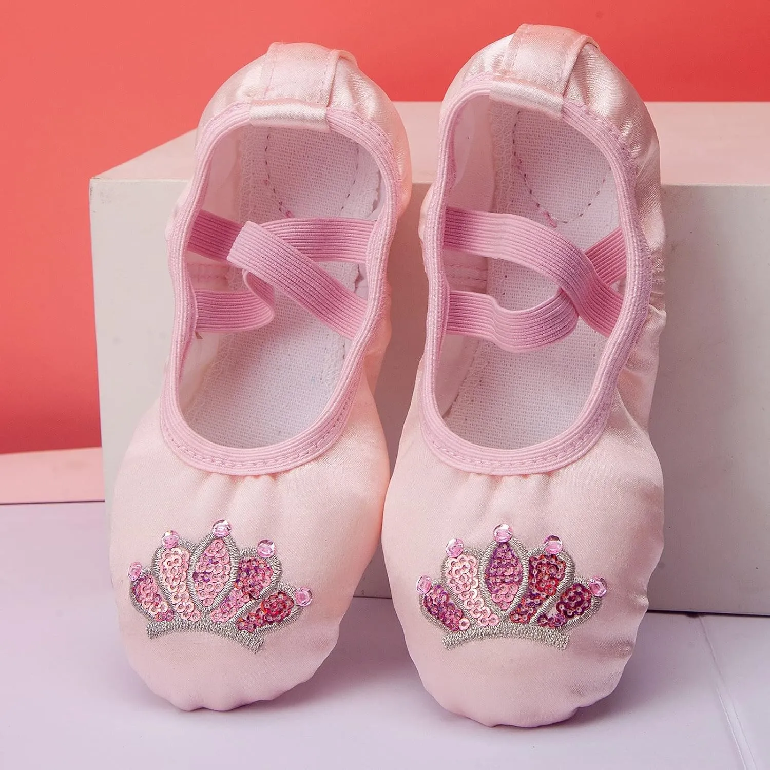 Satin Ballet Dance Shoes for Kids Girl Boy Split-Sole Flat Dance Practice Slippers with Elastic Laces for Yoga