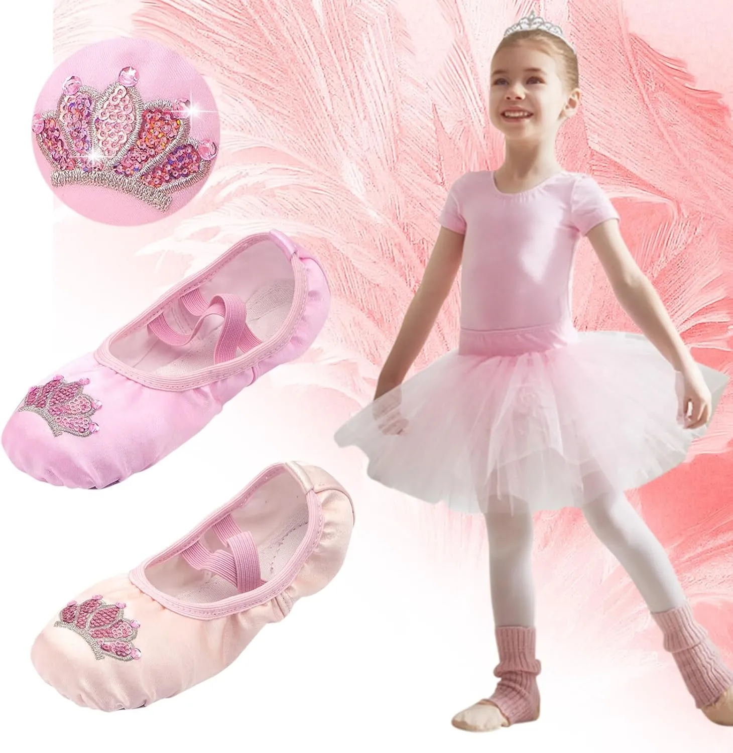 Satin Ballet Dance Shoes for Kids Girl Boy Split-Sole Flat Dance Practice Slippers with Elastic Laces for Yoga