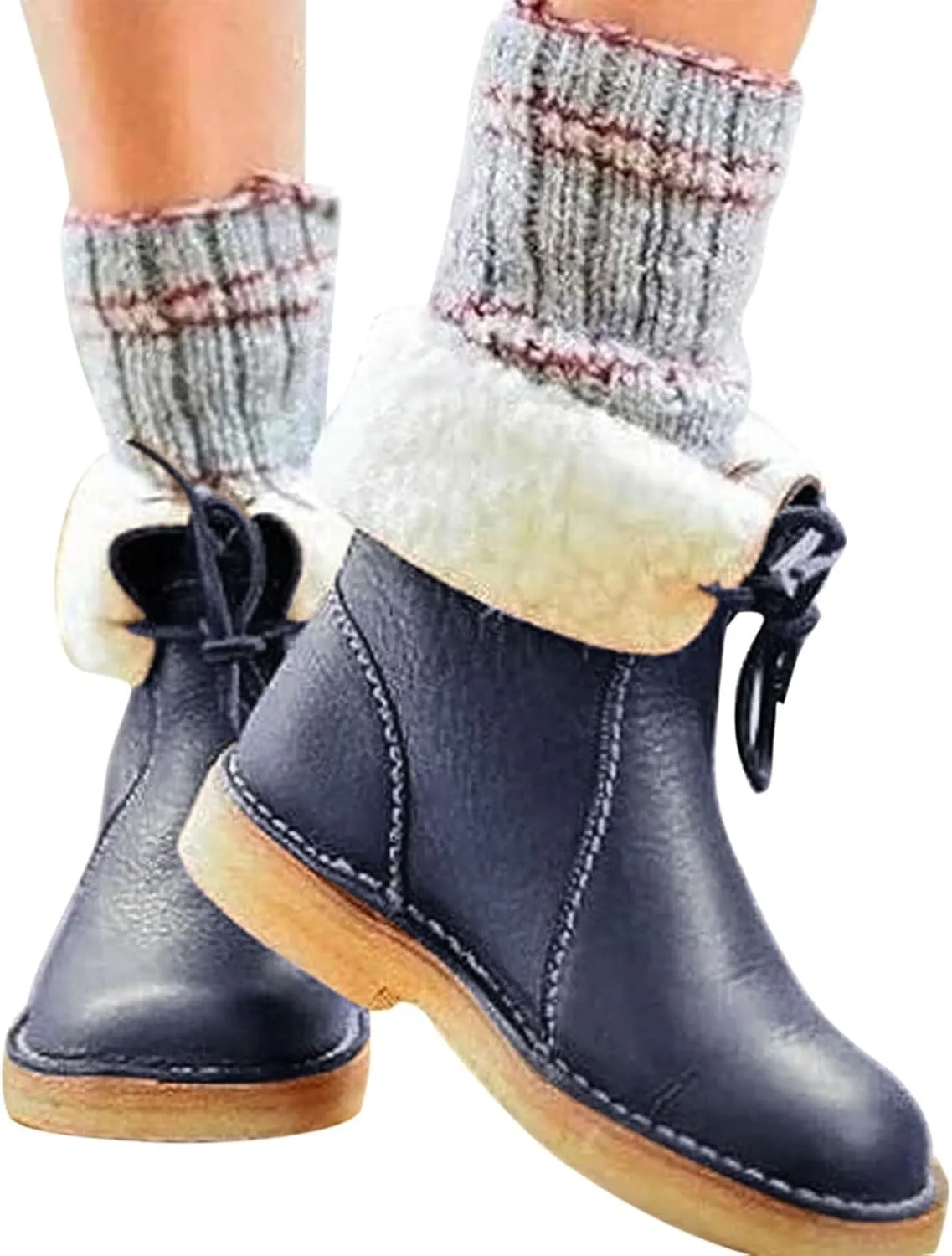 Women Waterproof Wool Lined Boots Vintage Buttery-Soft Wool Lined Boots PU Leather Snow Ankle Boots for Men