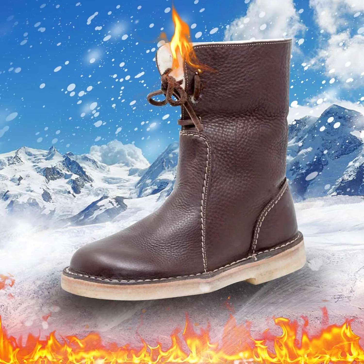 Women Waterproof Wool Lined Boots Vintage Buttery-Soft Wool Lined Boots PU Leather Snow Ankle Boots for Men