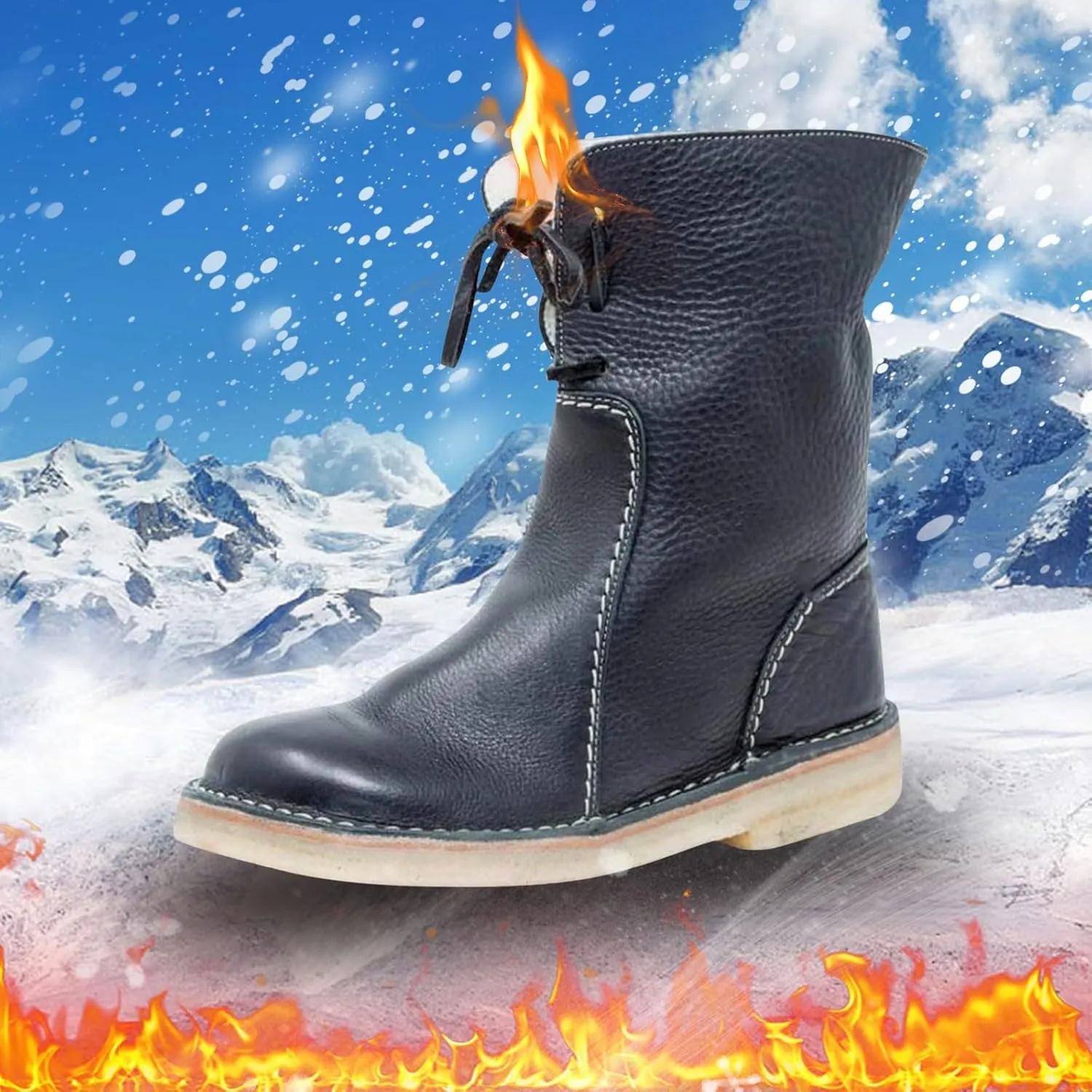 Women Waterproof Wool Lined Boots Vintage Buttery-Soft Wool Lined Boots PU Leather Snow Ankle Boots for Men