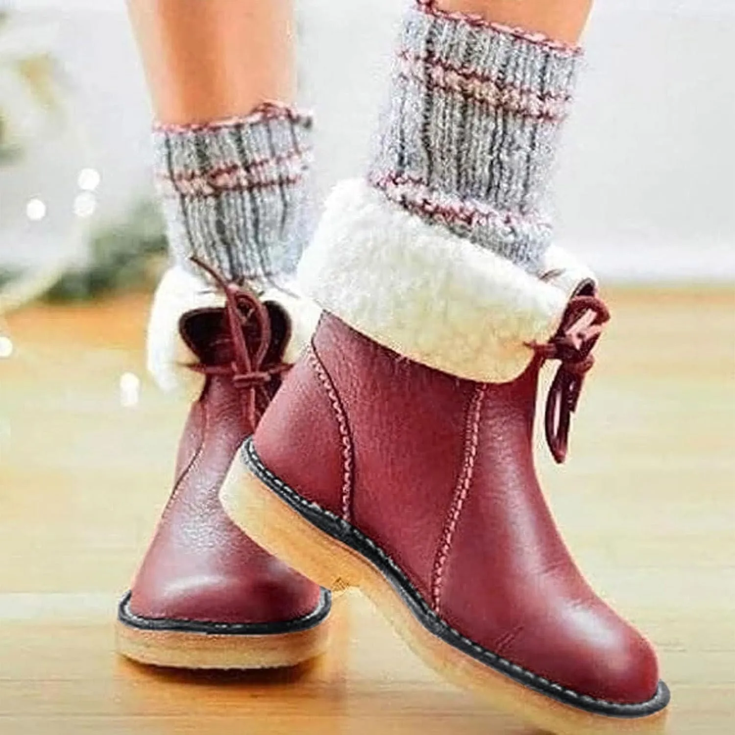 Women Waterproof Wool Lined Boots Vintage Buttery-Soft Wool Lined Boots PU Leather Snow Ankle Boots for Men