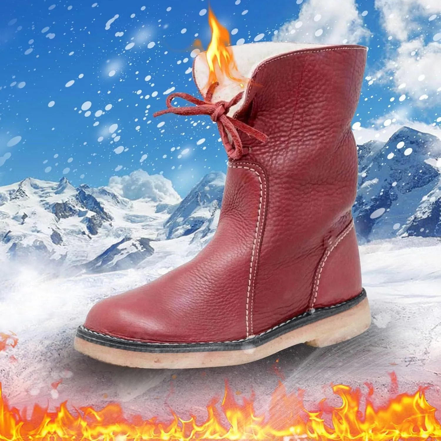 Women Waterproof Wool Lined Boots Vintage Buttery-Soft Wool Lined Boots PU Leather Snow Ankle Boots for Men