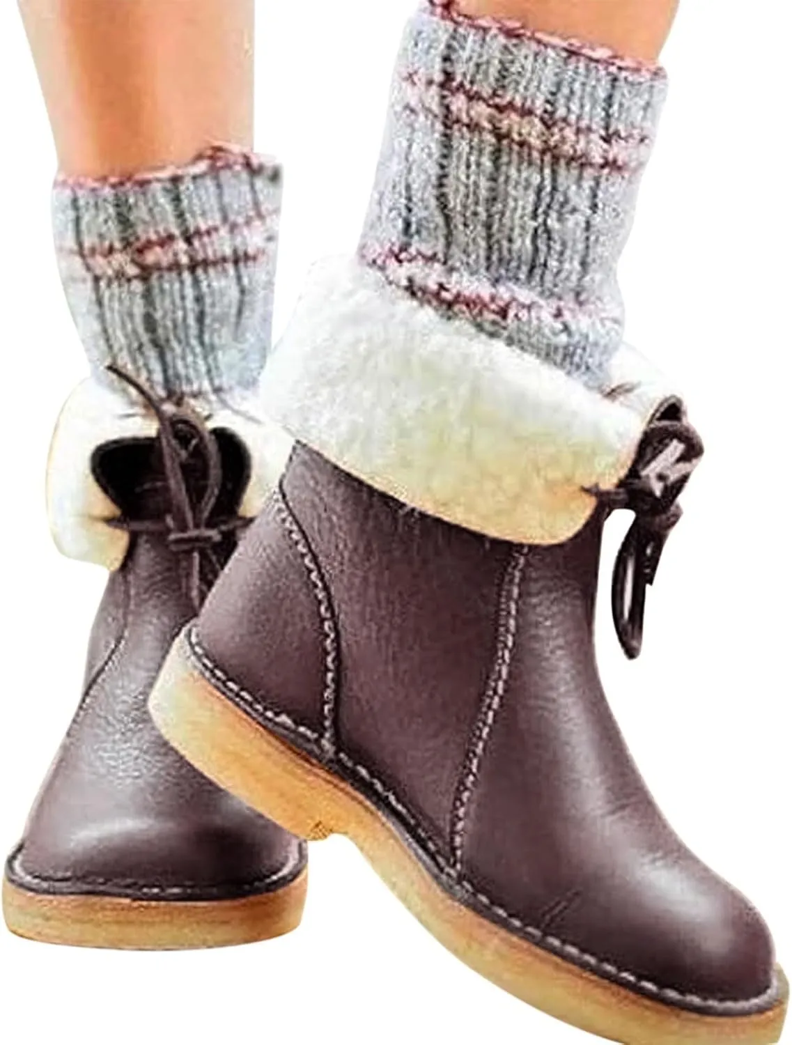 Women Waterproof Wool Lined Boots Vintage Buttery-Soft Wool Lined Boots PU Leather Snow Ankle Boots for Men