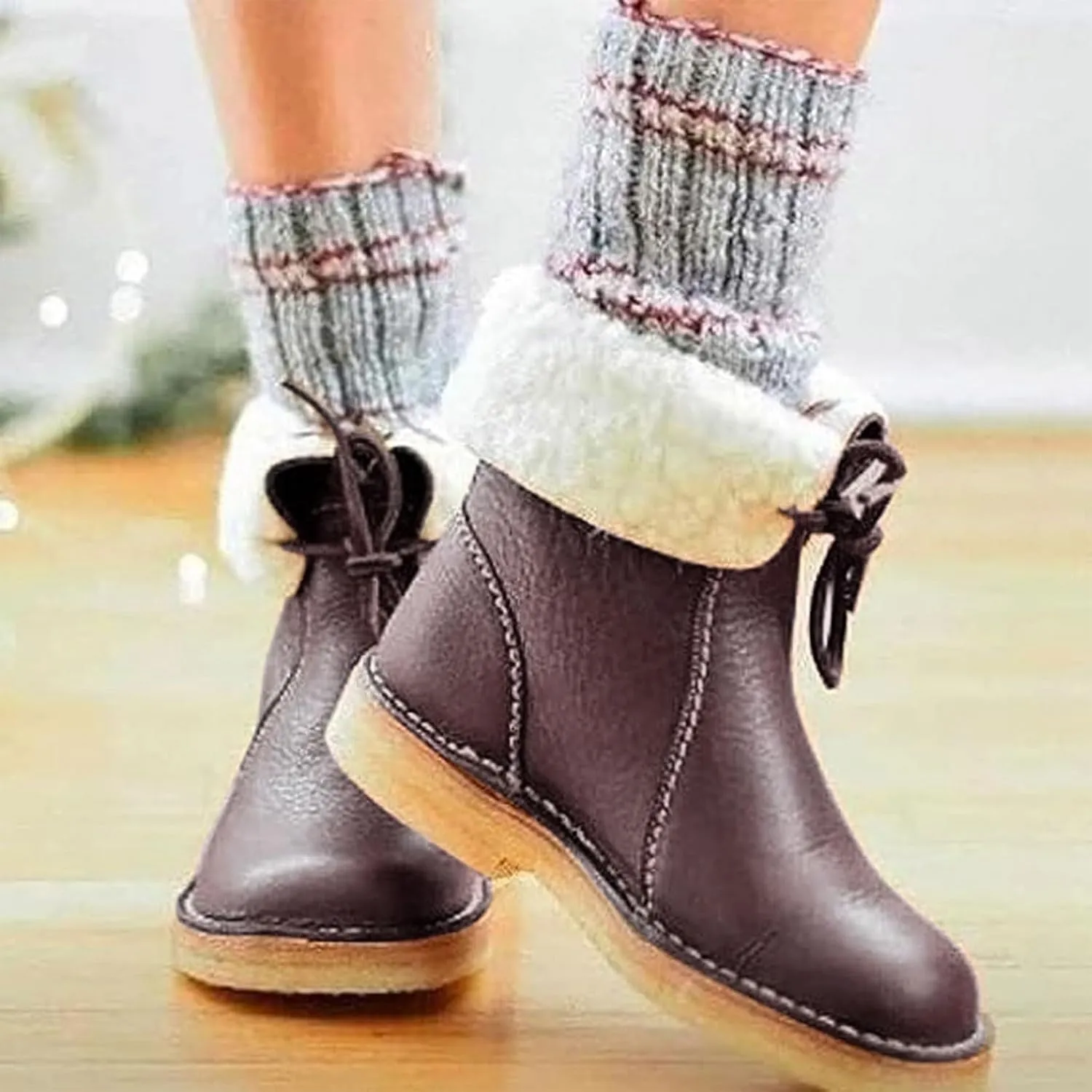 Women Waterproof Wool Lined Boots Vintage Buttery-Soft Wool Lined Boots PU Leather Snow Ankle Boots for Men