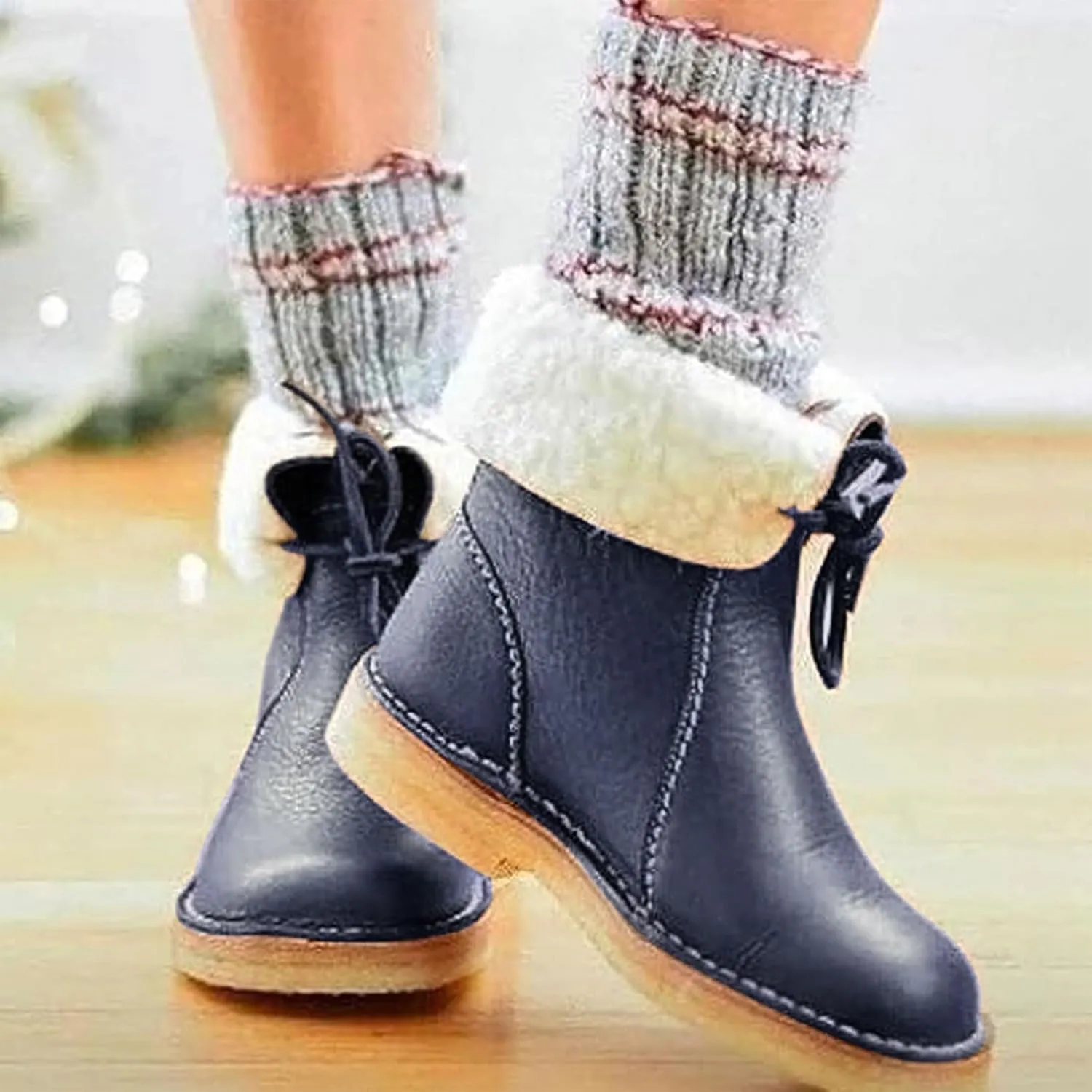 Women Waterproof Wool Lined Boots Vintage Buttery-Soft Wool Lined Boots PU Leather Snow Ankle Boots for Men