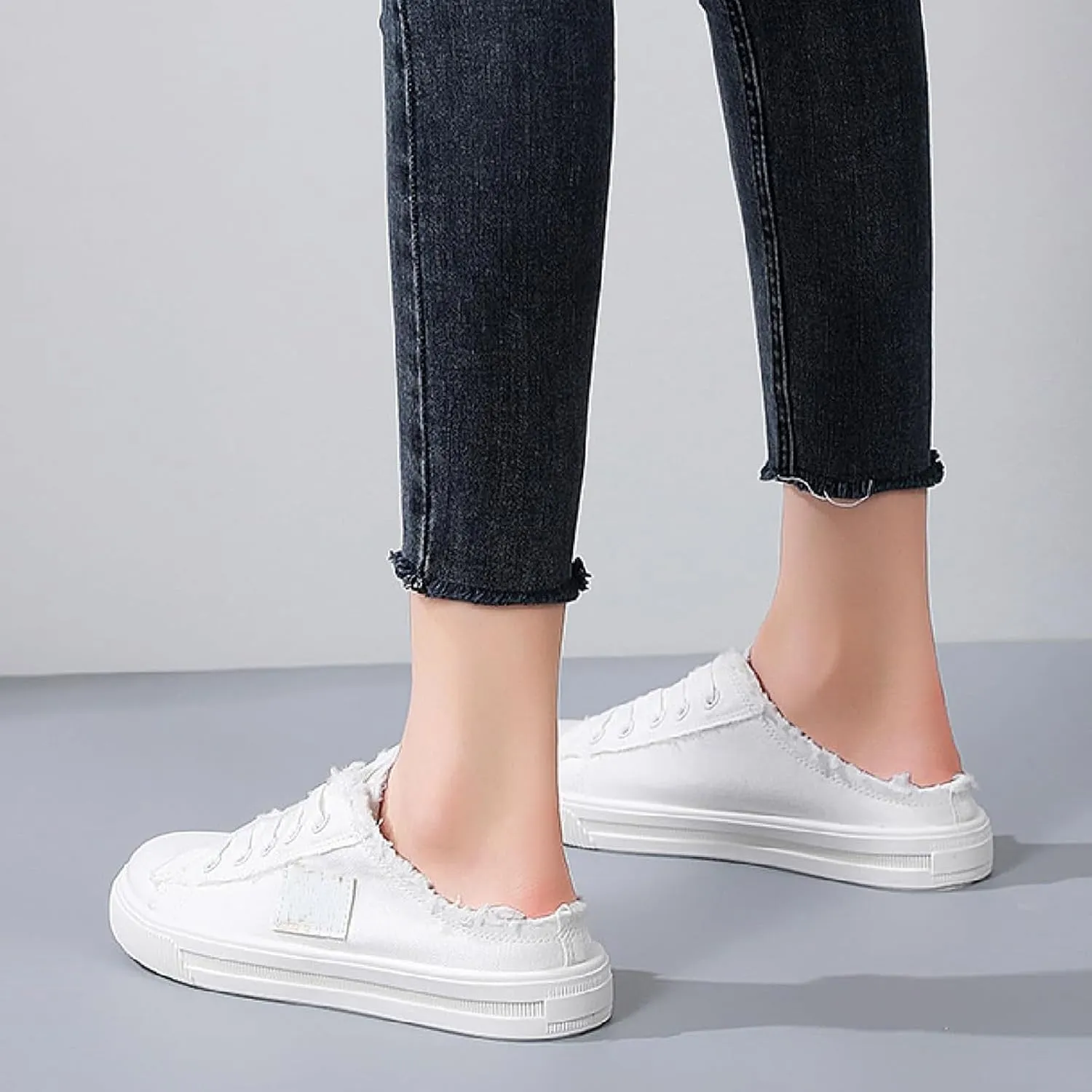 Womens Canvas Shoes Slip on Breathable Mule Sneakers Round Toe Lace Up Walking Shoes Casual Trendy Classic Vintage Comfortable Lightweight Flat Shoe Outdoor Tennis Loafers Canvas Slippers