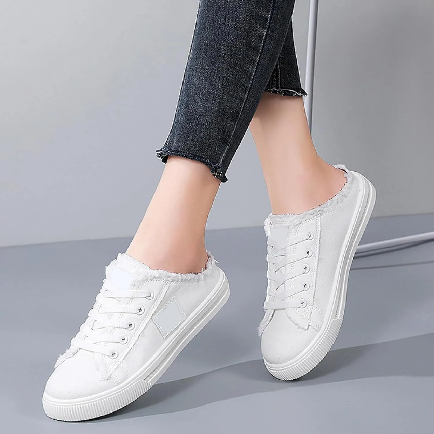 Womens Canvas Shoes Slip on Breathable Mule Sneakers Round Toe Lace Up Walking Shoes Casual Trendy Classic Vintage Comfortable Lightweight Flat Shoe Outdoor Tennis Loafers Canvas Slippers