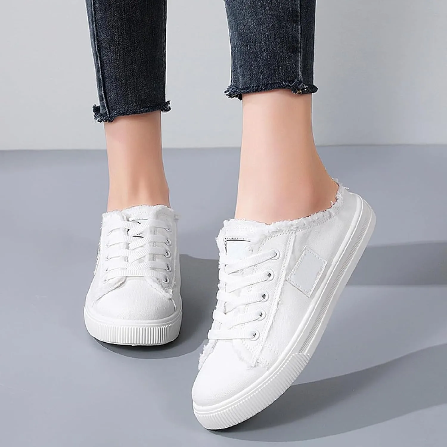Womens Canvas Shoes Slip on Breathable Mule Sneakers Round Toe Lace Up Walking Shoes Casual Trendy Classic Vintage Comfortable Lightweight Flat Shoe Outdoor Tennis Loafers Canvas Slippers