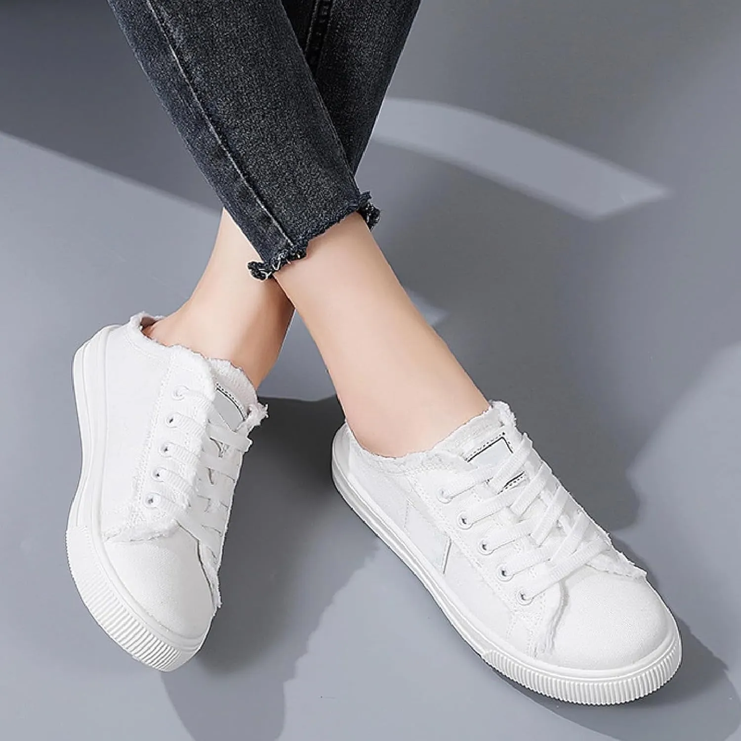 Womens Canvas Shoes Slip on Breathable Mule Sneakers Round Toe Lace Up Walking Shoes Casual Trendy Classic Vintage Comfortable Lightweight Flat Shoe Outdoor Tennis Loafers Canvas Slippers