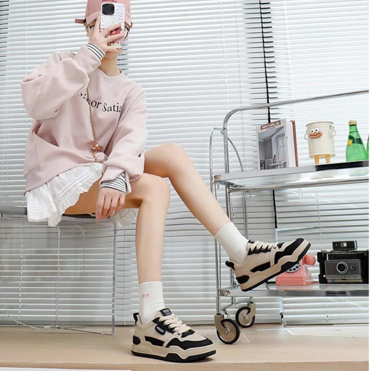 Women's Chunky Platform Sneakers Preppy Sport Thick Sole Walking Skate Shoes Lace Up Breathable Color Block for Girl