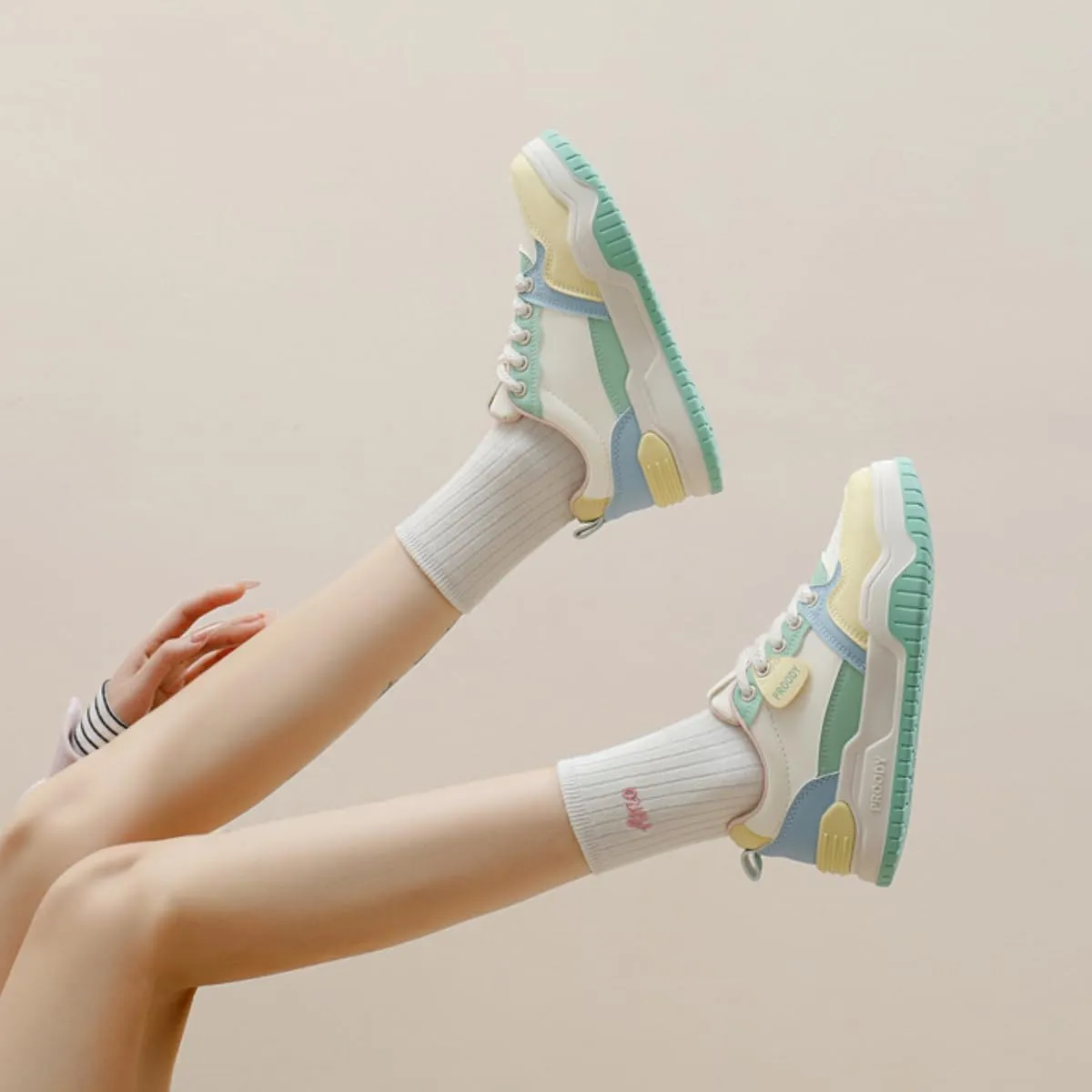 Women's Chunky Platform Sneakers Preppy Sport Thick Sole Walking Skate Shoes Lace Up Breathable Color Block for Girl